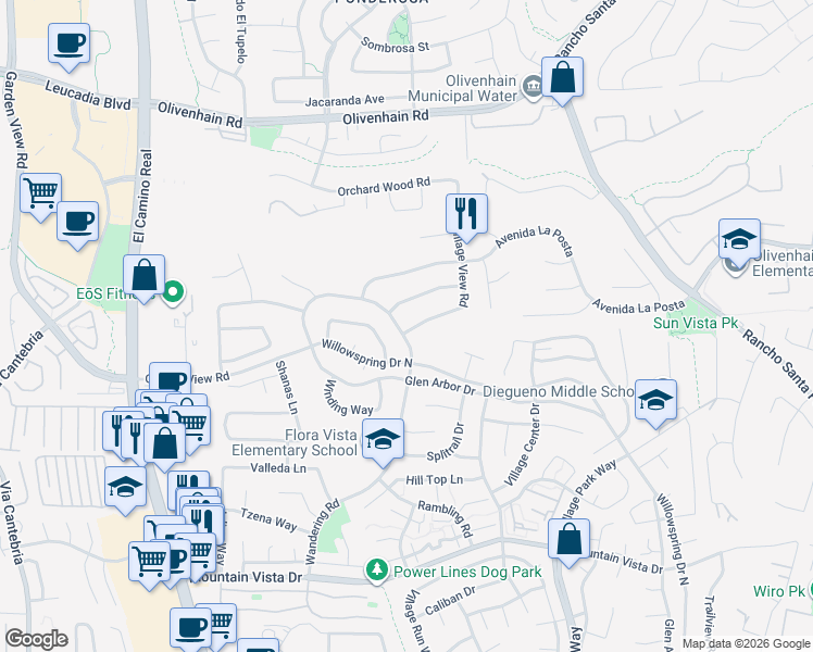 map of restaurants, bars, coffee shops, grocery stores, and more near 1913 Wandering Road in Encinitas