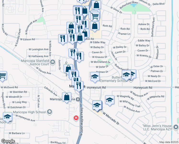 map of restaurants, bars, coffee shops, grocery stores, and more near 85239 Palmen Drive in Maricopa