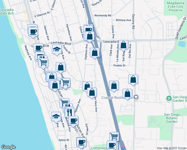 map of restaurants, bars, coffee shops, grocery stores, and more near 614 Ocean View Avenue in Encinitas