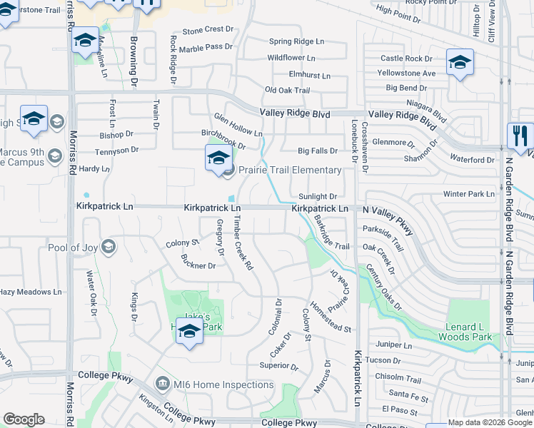 map of restaurants, bars, coffee shops, grocery stores, and more near 5421 Carriage Court in Lewisville