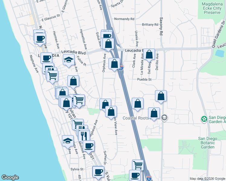 map of restaurants, bars, coffee shops, grocery stores, and more near 596 Ocean View Avenue in Encinitas