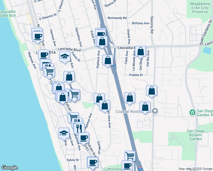 map of restaurants, bars, coffee shops, grocery stores, and more near 614 Ocean View Avenue in Encinitas
