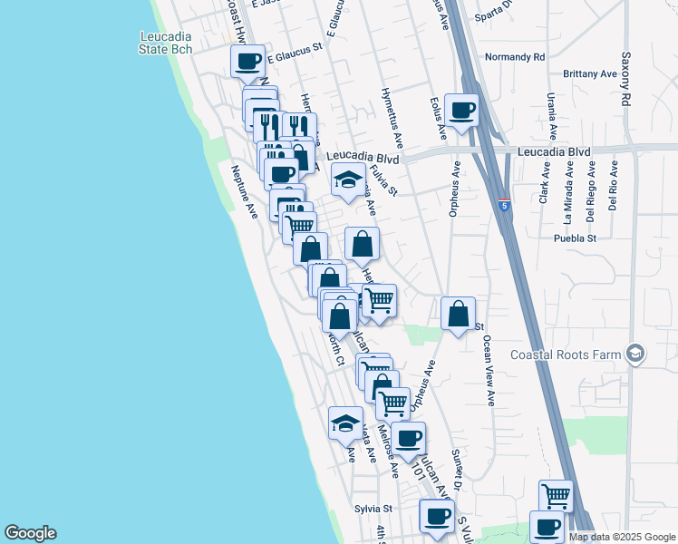 map of restaurants, bars, coffee shops, grocery stores, and more near 607 North Vulcan Avenue in Encinitas