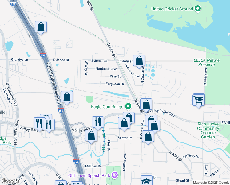 map of restaurants, bars, coffee shops, grocery stores, and more near Whitmore Lane in Lewisville