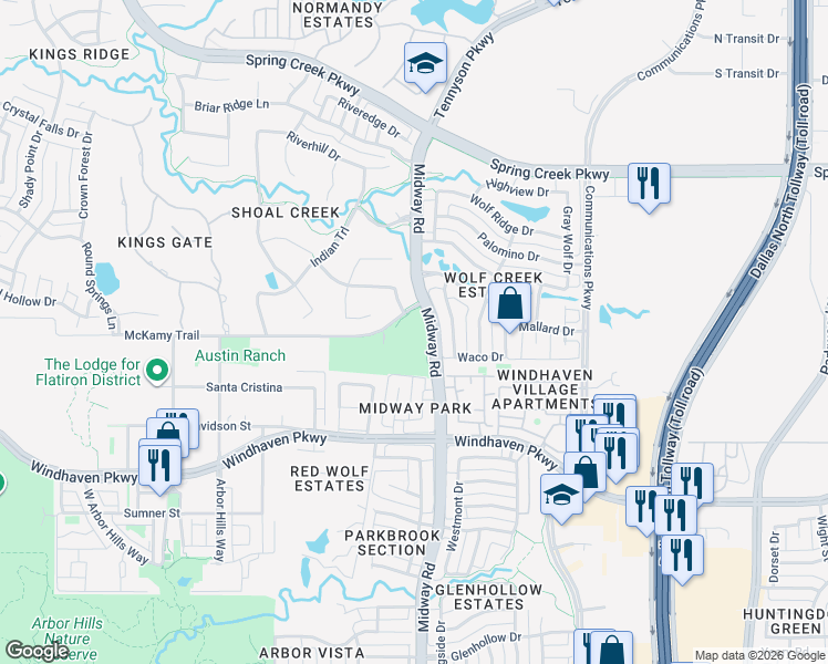 map of restaurants, bars, coffee shops, grocery stores, and more near 6301 Midway Road in Plano
