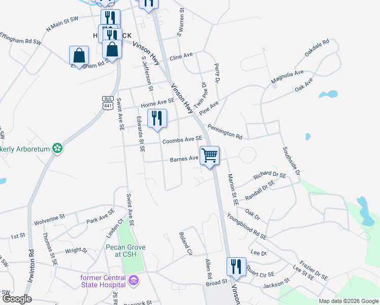 map of restaurants, bars, coffee shops, grocery stores, and more near 115 Barnes Ave SE in Milledgeville