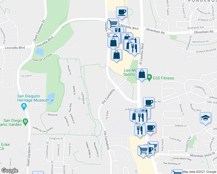 map of restaurants, bars, coffee shops, grocery stores, and more near 1104 Garden View Road in Encinitas