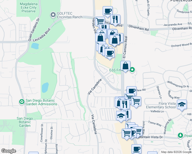 map of restaurants, bars, coffee shops, grocery stores, and more near 1100 Garden View Road in Encinitas