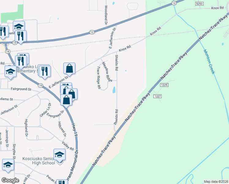 map of restaurants, bars, coffee shops, grocery stores, and more near 123-231 Shields Road in Kosciusko