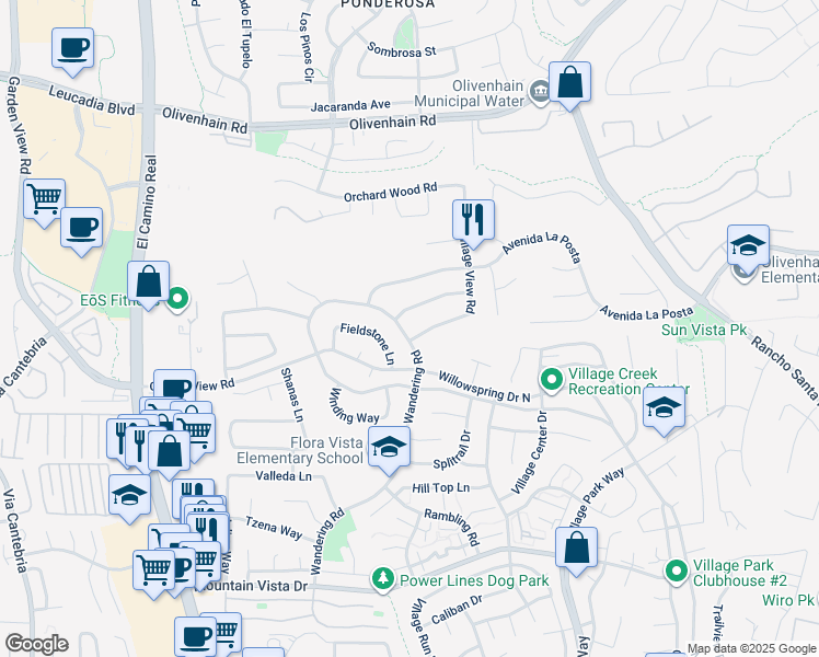 map of restaurants, bars, coffee shops, grocery stores, and more near 1917 Wandering Road in Encinitas