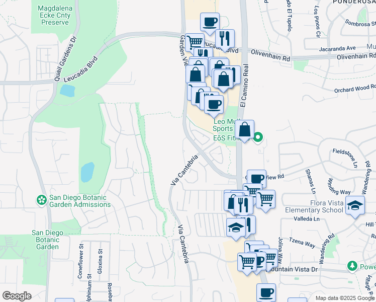 map of restaurants, bars, coffee shops, grocery stores, and more near 1104 Garden View Road in Encinitas