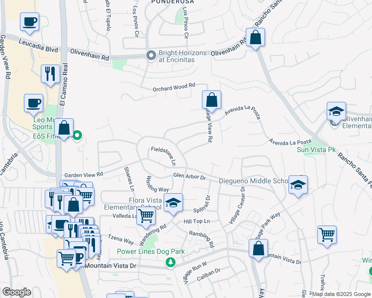 map of restaurants, bars, coffee shops, grocery stores, and more near 1402 Village View Road in Encinitas