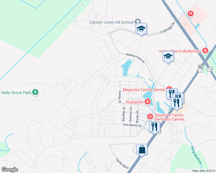map of restaurants, bars, coffee shops, grocery stores, and more near 176 Hewitt Street in Summerville