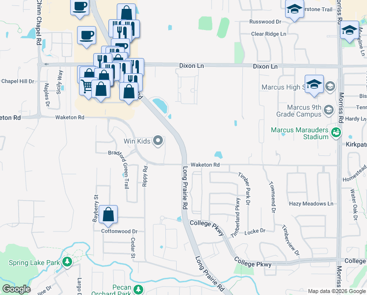 map of restaurants, bars, coffee shops, grocery stores, and more near 5798 Long Prairie Road in Flower Mound