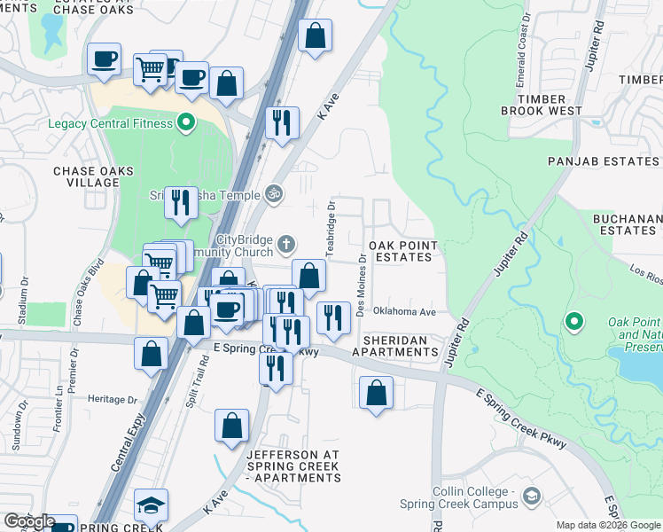 map of restaurants, bars, coffee shops, grocery stores, and more near 1800 Brown Stone Drive in Plano
