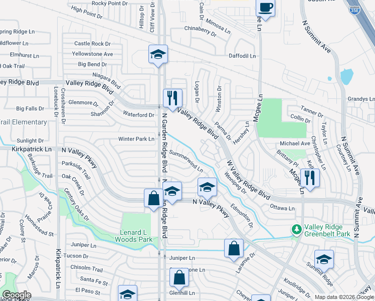 map of restaurants, bars, coffee shops, grocery stores, and more near 1449 Summerwind Lane in Lewisville