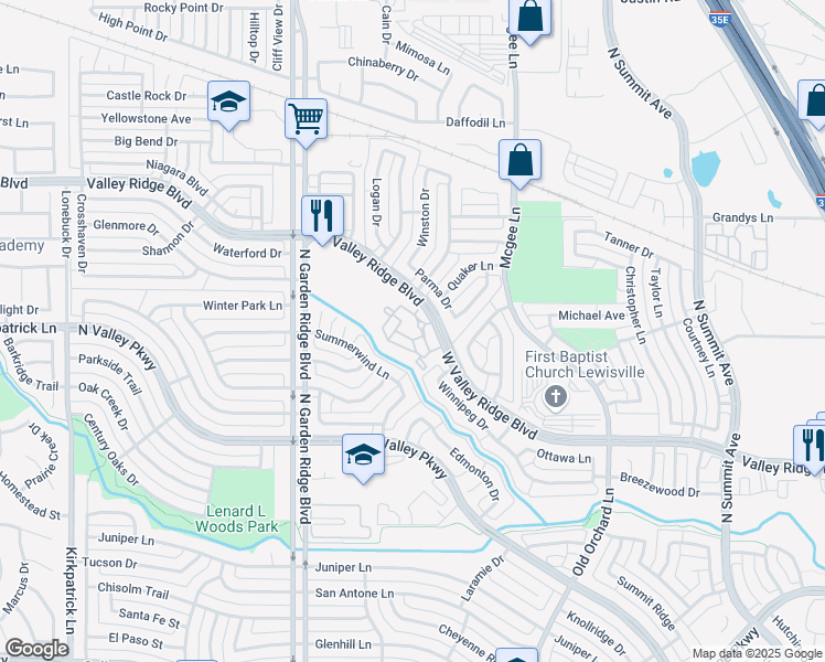 map of restaurants, bars, coffee shops, grocery stores, and more near 1400 West Valley Ridge Boulevard in Lewisville