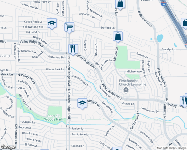 map of restaurants, bars, coffee shops, grocery stores, and more near 1400 Valley Ridge Boulevard in Lewisville