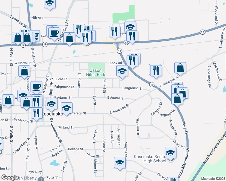 map of restaurants, bars, coffee shops, grocery stores, and more near 620 East Adams Street in Kosciusko