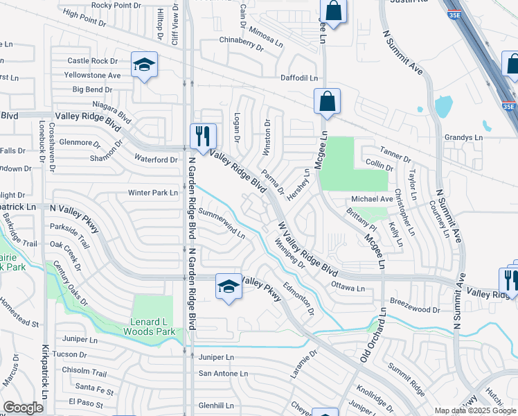 map of restaurants, bars, coffee shops, grocery stores, and more near 1400 West Valley Ridge Boulevard in Lewisville