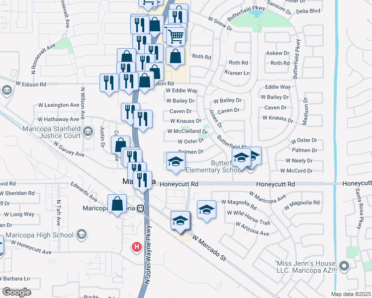 map of restaurants, bars, coffee shops, grocery stores, and more near 44286 West Palmen Drive in Maricopa