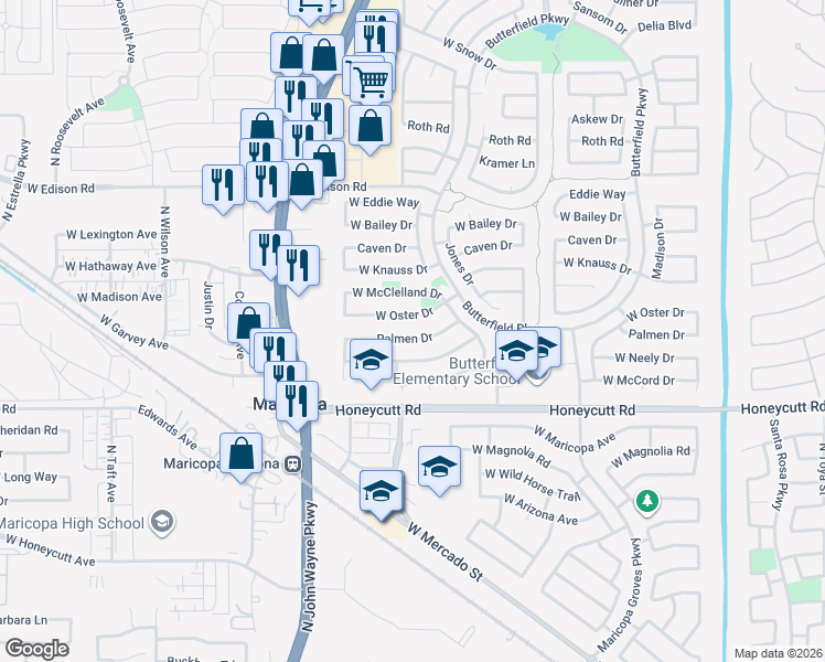map of restaurants, bars, coffee shops, grocery stores, and more near 44177 Palmen Drive in Maricopa