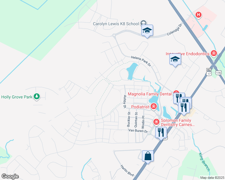 map of restaurants, bars, coffee shops, grocery stores, and more near 176 Hewitt Street in Summerville