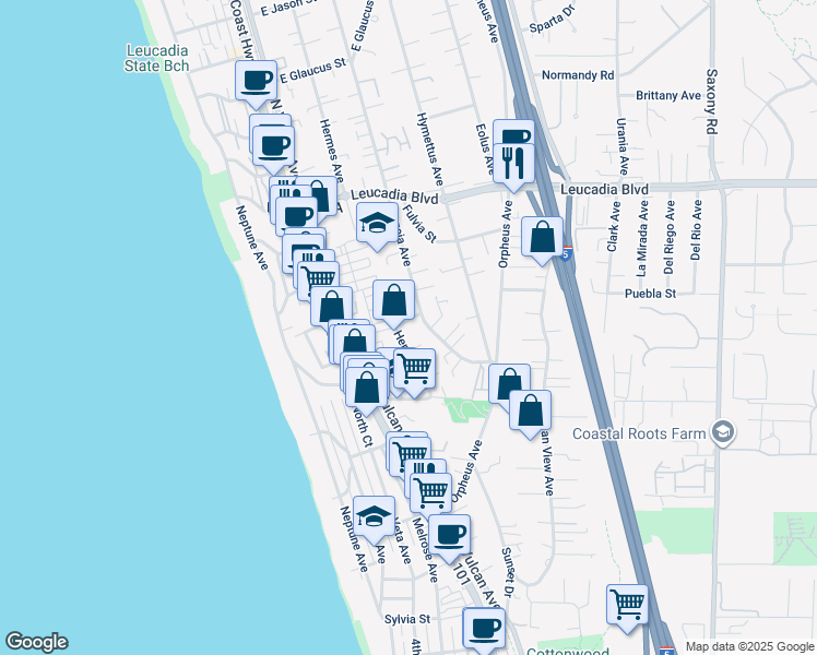 map of restaurants, bars, coffee shops, grocery stores, and more near 227 Cereus Street in Encinitas