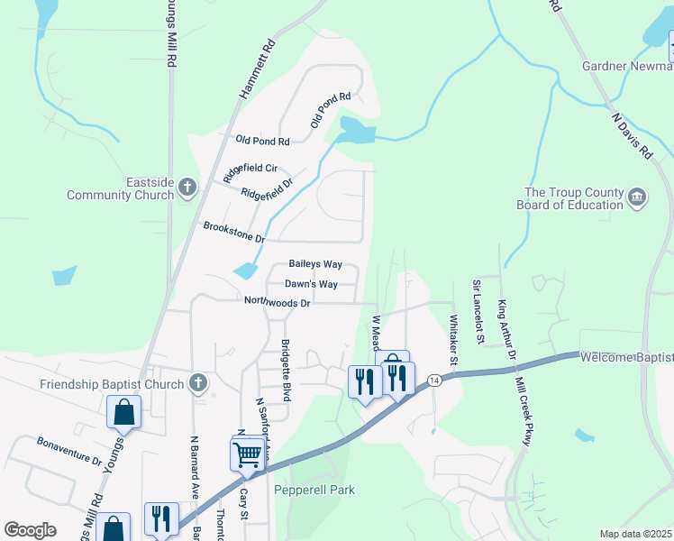 map of restaurants, bars, coffee shops, grocery stores, and more near 316 Baileys Way in LaGrange