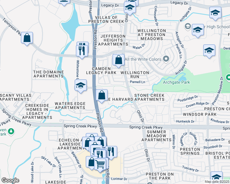 map of restaurants, bars, coffee shops, grocery stores, and more near 6412 Hermosa Drive in Plano