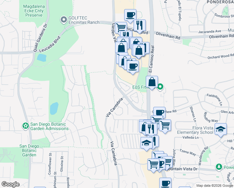 map of restaurants, bars, coffee shops, grocery stores, and more near 1104 Garden View Road in Encinitas