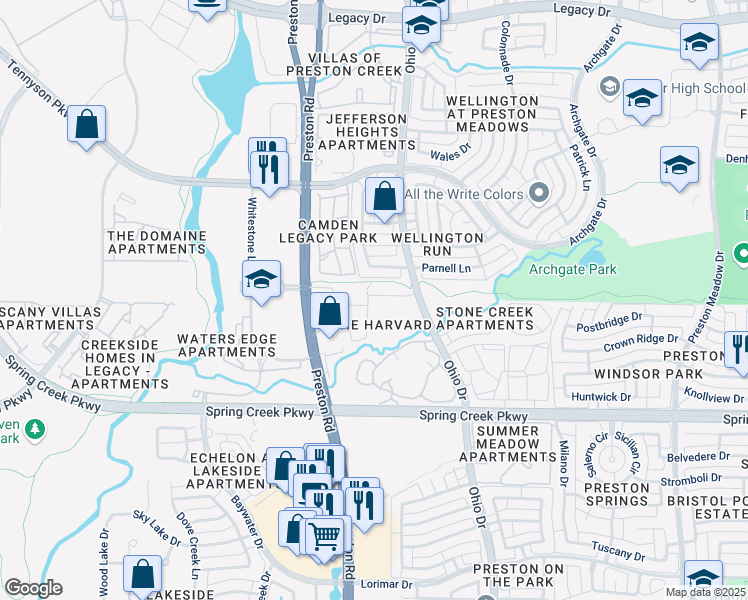 map of restaurants, bars, coffee shops, grocery stores, and more near 6412 Hermosa Drive in Plano