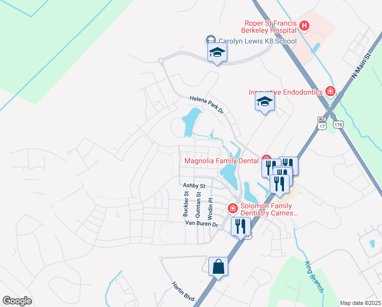 map of restaurants, bars, coffee shops, grocery stores, and more near 308 Garrison Street in Summerville