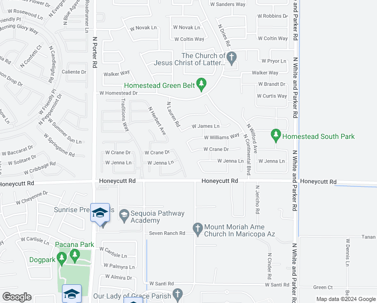 map of restaurants, bars, coffee shops, grocery stores, and more near 19896 North Lauren Road in Maricopa