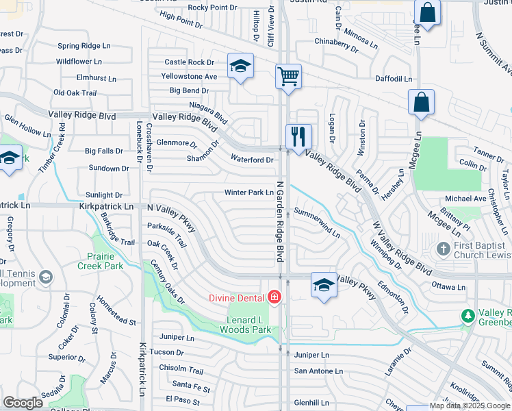 map of restaurants, bars, coffee shops, grocery stores, and more near 1525 Summerwind Lane in Lewisville