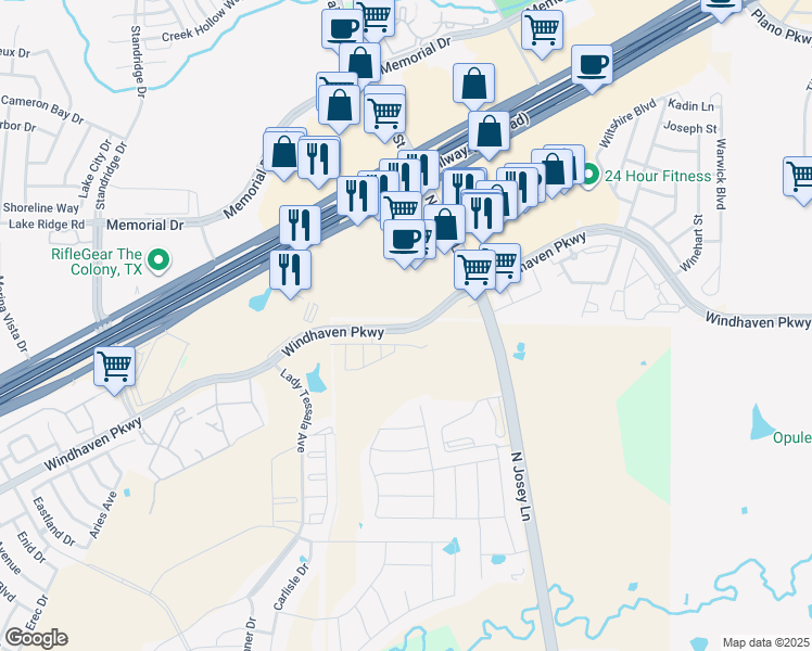 map of restaurants, bars, coffee shops, grocery stores, and more near 4550 Windhaven Parkway in Lewisville
