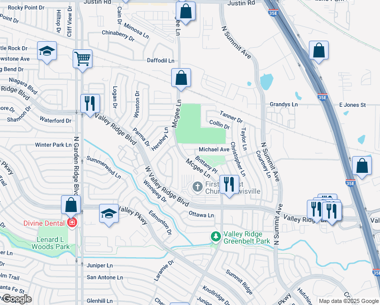 map of restaurants, bars, coffee shops, grocery stores, and more near 1160 Brittany Place in Lewisville