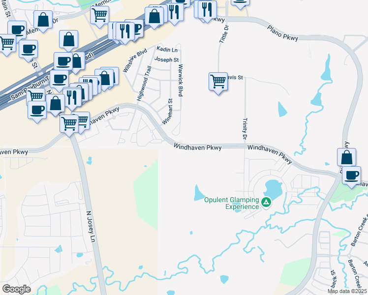 map of restaurants, bars, coffee shops, grocery stores, and more near Windhaven Parkway in The Colony