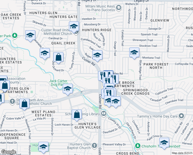 map of restaurants, bars, coffee shops, grocery stores, and more near Bluebonnet Trail in Plano