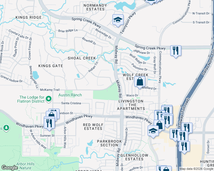 map of restaurants, bars, coffee shops, grocery stores, and more near 6301 Midway Road in Plano