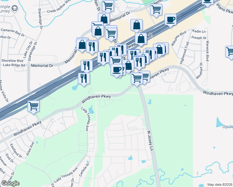 map of restaurants, bars, coffee shops, grocery stores, and more near Windhaven Parkway in The Colony
