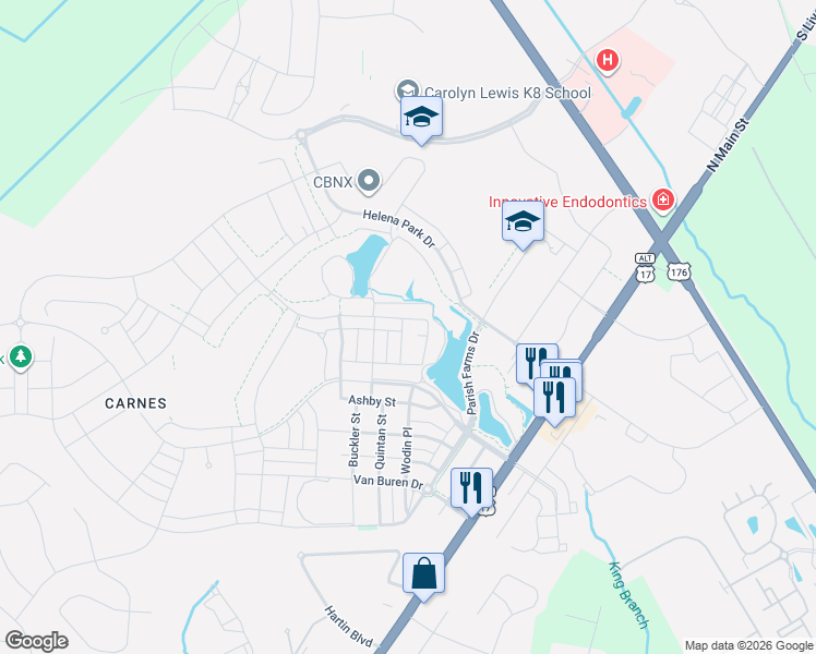 map of restaurants, bars, coffee shops, grocery stores, and more near 130 Callibluff Drive in Summerville