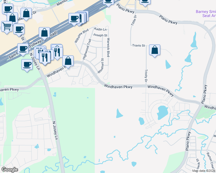 map of restaurants, bars, coffee shops, grocery stores, and more near Windhaven Parkway in Lewisville