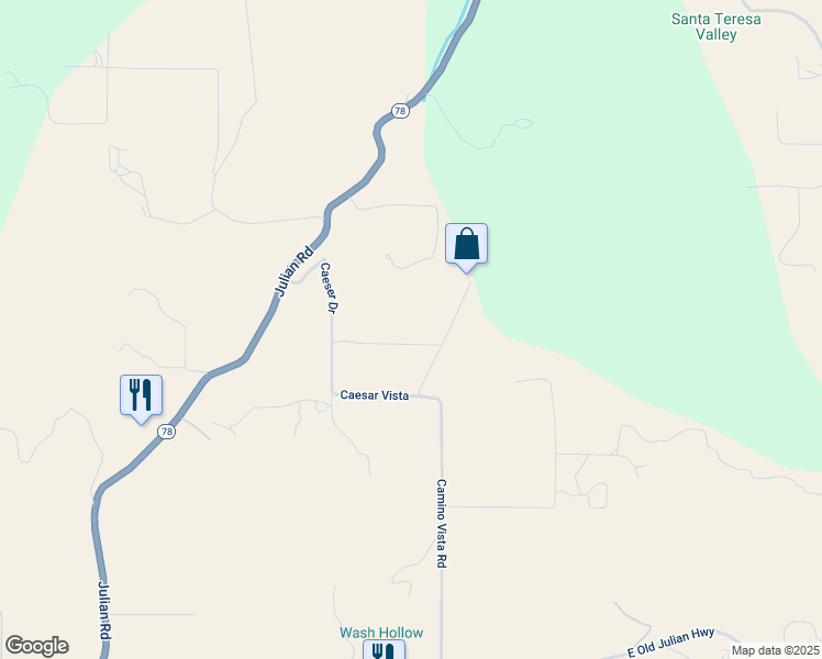map of restaurants, bars, coffee shops, grocery stores, and more near 19252 Camino Vista Road in Ramona