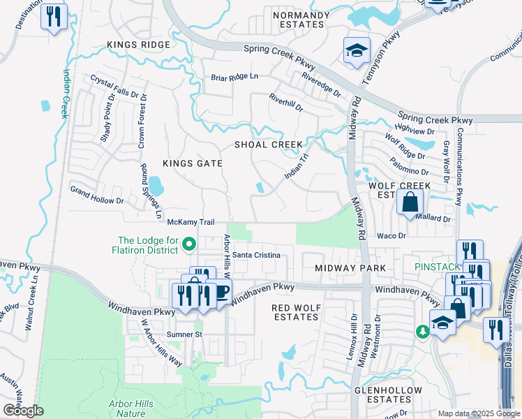 map of restaurants, bars, coffee shops, grocery stores, and more near 6408 Indian Trail in Plano