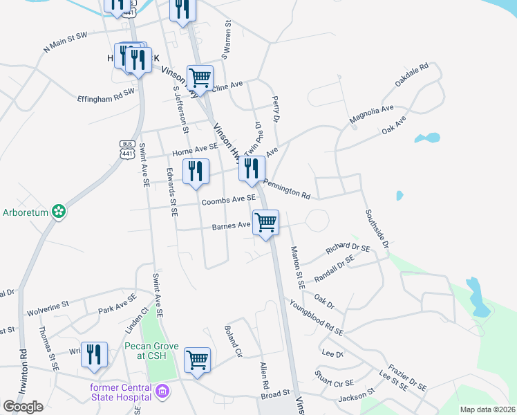 map of restaurants, bars, coffee shops, grocery stores, and more near 1620 Vinson Highway in Milledgeville