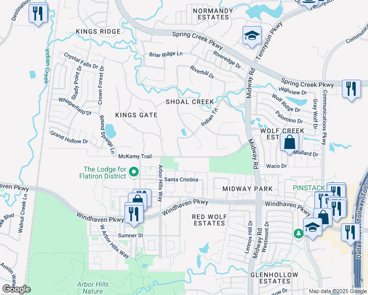 map of restaurants, bars, coffee shops, grocery stores, and more near 6408 Indian Trail in Plano
