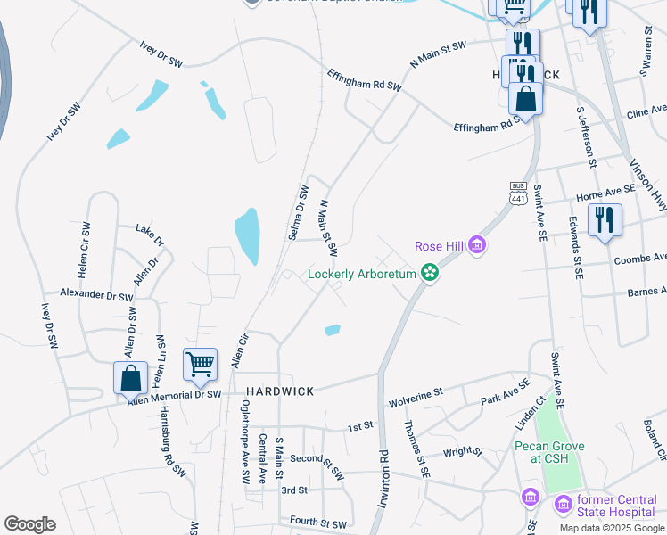 map of restaurants, bars, coffee shops, grocery stores, and more near 163 North Main Street Southwest in Milledgeville