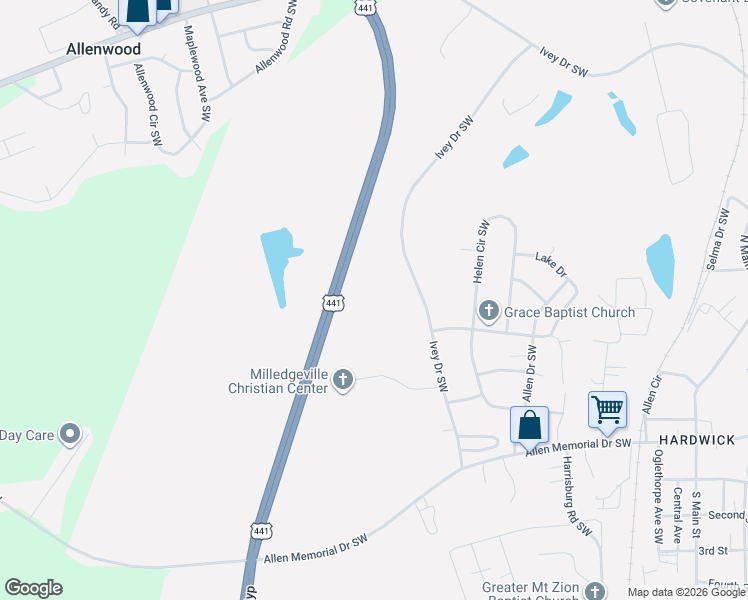 map of restaurants, bars, coffee shops, grocery stores, and more near 146 Ivey Drive Southwest in Milledgeville