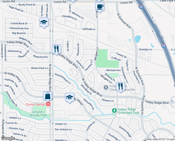 map of restaurants, bars, coffee shops, grocery stores, and more near 1212 Hershey Lane in Lewisville